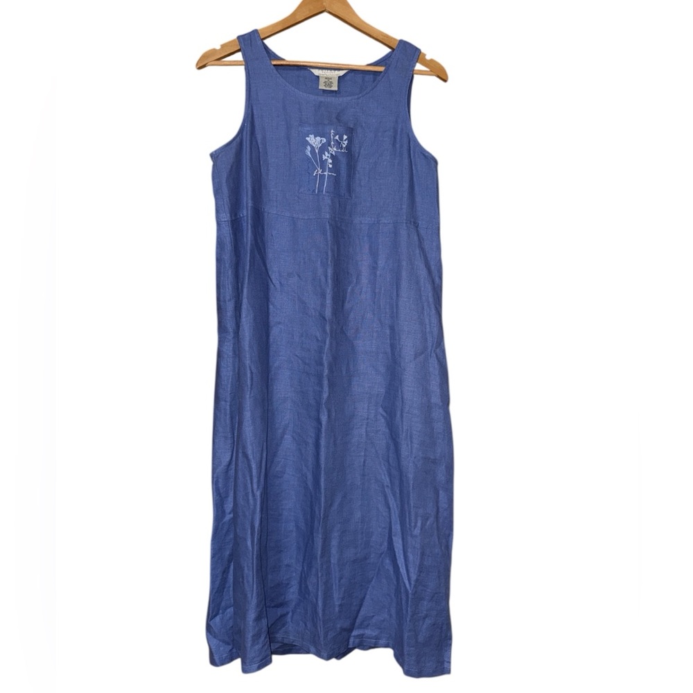 •JOHN PAUL RICHARD•PERIWINKLE FLOWER DESIGN 100% LINEN MIDI DRESS PETITE MEDIUM